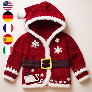 Santa Hooded Cardigan Crochet Pattern - All Sizes - Festive Multi-Language Guide (English, French, German, Italian, Spanish)