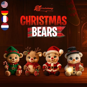 May include: Four crocheted Christmas bears in festive outfits. One bear wears an elf hat and holds a candy cane, another is a reindeer, a third is dressed as Santa, and the last is a snowman. The image has the text "Christmas Bears".