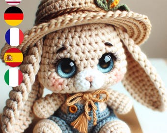 Scarecrow Bunny Amigurumi Crochet Pattern - Cute Fall Decor Bunny - 5 Languages (English, French, German, Italian, Spanish)