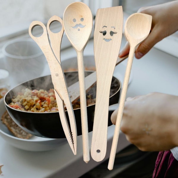 Wooden kitchen accessories set of 4 items, Kitchen utensils and tools made of Beech wood. Set of Natural Wooden cooking utensils.