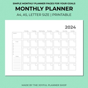 May include: A printable monthly planner for 2024 in A4, A5, or letter size. The planner has a simple design with a calendar grid, to-do list, and notes section.