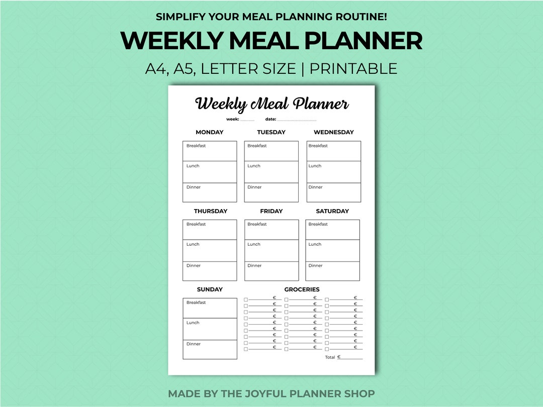 Weekly Meal Planner | Instant Download | A4 A5 Letter | Grocery List ...