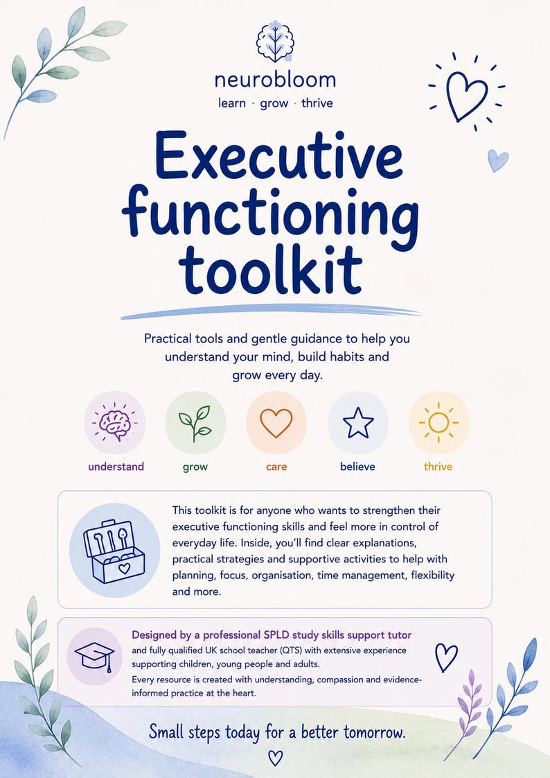 May include: A white informational flyer titled Executive functioning toolkit by neurobloom. It features blue text, watercolor leaf accents, and five circular icons labeled understand, grow, care, believe, and thrive. It includes descriptive text about the toolkit's purpose and design.