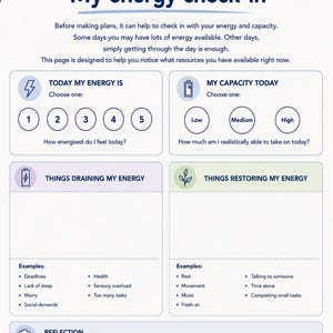 May include: A white printable worksheet titled My energy check-in by Neurobloom. It features sections for energy and capacity levels, lists for things draining or restoring energy, and a reflection area with prompts to help track daily personal resources.
