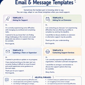 May include: A digital document titled Section 5: Energy + Capacity, Neurobloom, Email & Message Templates. It contains four templates for asking for support, extensions, updating supervisors, and contacting services, plus a list of helpful phrases.