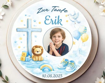Cake topper made of sugar paper for baptism with photo, cross and baptismal motif in blue, personalized cake decoration with name and date