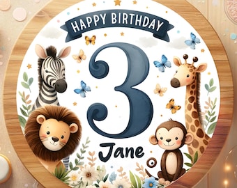 Cake topper birthday safari animals zebra giraffe lion monkey with butterflies flowers clouds sweet unique wonderful customizable