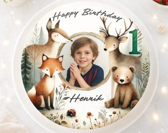 Birthday cake topper with woodland animals: deer, fox, bear, and photo – unique, wonderful, and highly customizable.