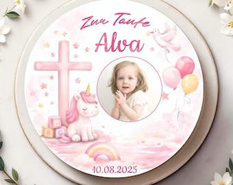Cake topper made of sugar paper for christening with photo, cross and unicorn motif, personalized cake decoration with name and date