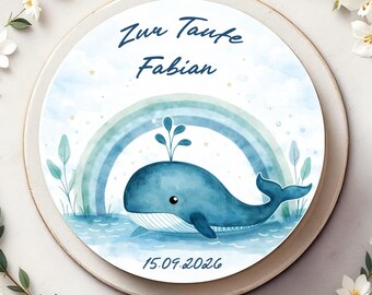 Cake topper made of sugar paper for christening, whale motif with rainbow, personalized cake decoration with name and date