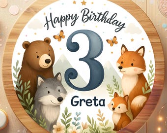 Cake topper birthday forest animals bear wolf foxes with mountains flowers butterflies – beautiful unique great personalizable