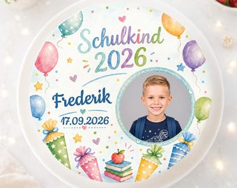 Cake topper for the first day of school, personalized with photo of a schoolchild, balloons, colorful school cone, first day of school cake