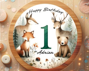 Fondant cake topper for birthdays, woodland animals: deer, fox, bear, forest, Christmas tree