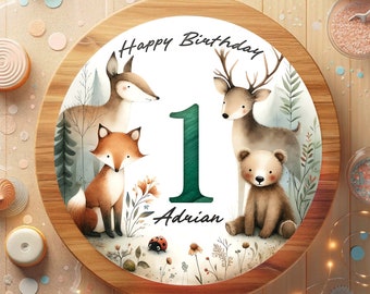 Cake topper fondant birthday forest animals deer fox bear forest Christmas tree