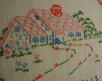 Shabby Embroidered House Blessing Sampler Framed Pink Roof Vintage
