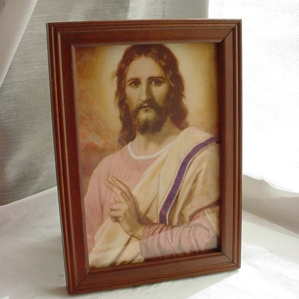 Vintage Lithograph Print Jesus Christ in Purple Robe Framed 4 by 6 inch