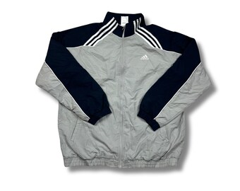 Adidas Vintage Jacke Windbreaker Trackjacket Leichte Jacke Grau Weiß Größe L
