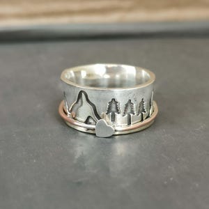 Sterling Silver Mountain Ring Mountain Heart Ring Spinner Ring Couple Ring Set Handmade Ring Wanderlust Jewelry Mountain Jewelry