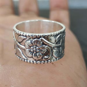 Flower Band Ring, 925 Sterling Silver Wide Band Open Ring, Wide Band Ring, Silver Band, Wide Ring, Silver Ring, Thumb Floral Leaf Band Ring