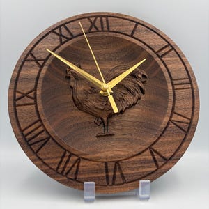 3D Carved Rooster Clock – Solid Walnut Kitchen Decor