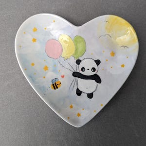 Bandeja para joyas, anillos y baratijas de cerámica con forma de panda, pintada a mano