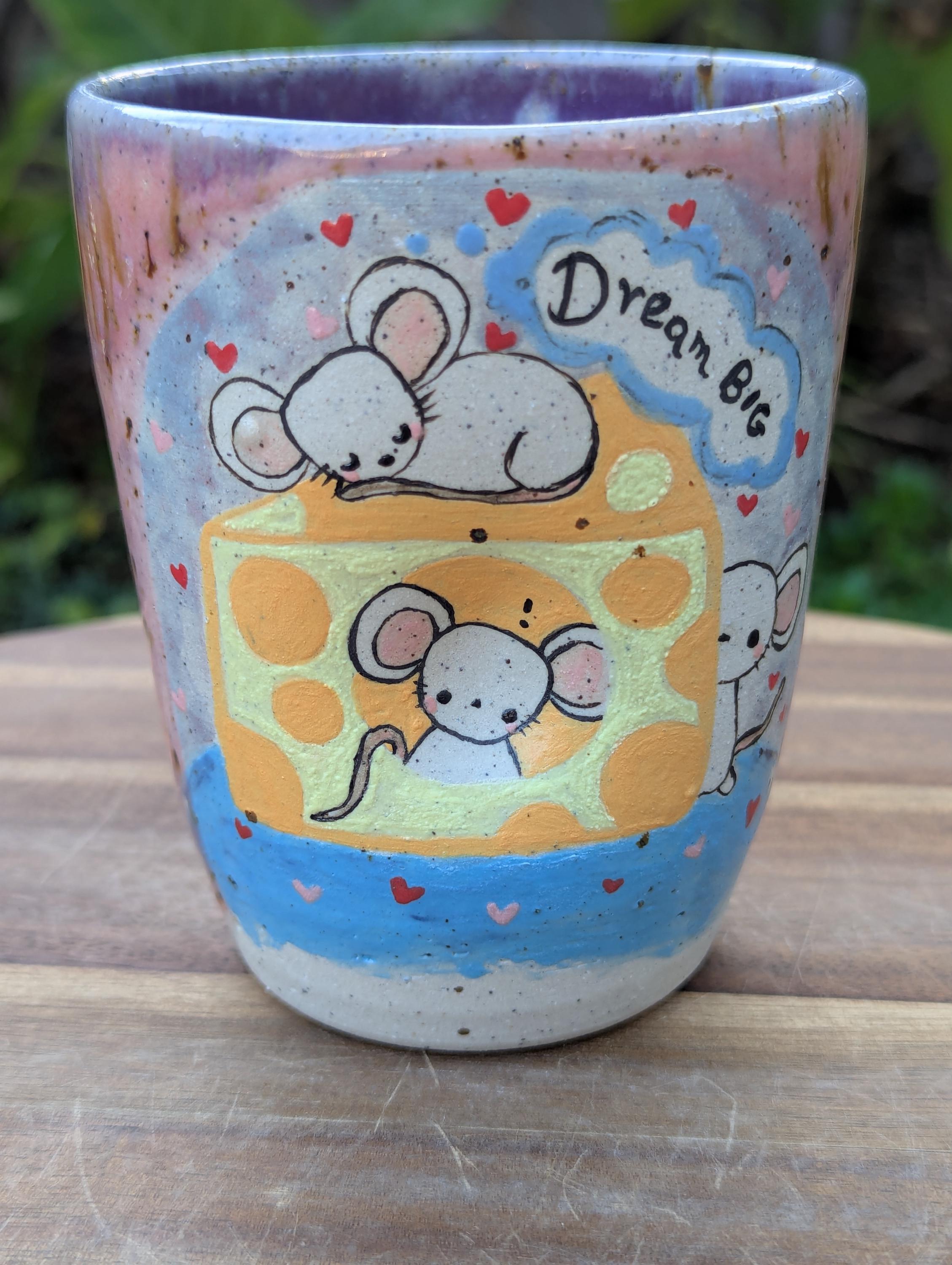 Hand Painted 'Dream Big' Ceramic Cup with Cute Mouse, Mice and Cheese - Kawaii Clay, Ceramic Art, Whimsical Pottery, Mug