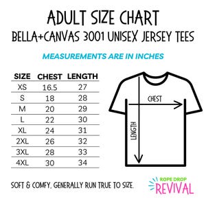 Adult size chart for Bella and Canvas 3001 Unisex Jersey Tees. XS is 16.5 inches chest and 27 inches length. S is 18 and 28. M is 20 and 29. L is 22 and 30. XL is 24 and 31. 2XL is 26 and 32. 3XL is 28 and 33. 4XL is 30 and 34.