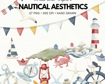 Watercolor Nautical Clipart: Beach, Marine, Sea (PNG, Commercial Use)