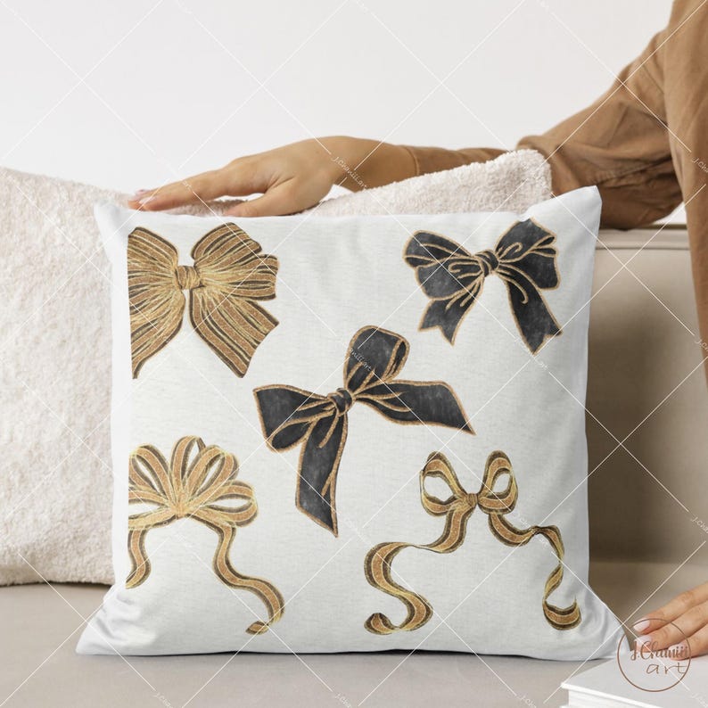 May include: A white cushion with a gold and black bow design. The bows are arranged in a random pattern on the cushion.
