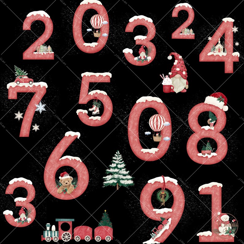 Christmas Watercolor Numbers Clipart, Snowy Festive PNG (digital ...