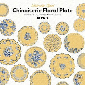 Chinoiserie Floral Plate Clipart, Watercolor Blue Chinoiserie Floral clipart, Chinoiserie Print, Blue flowers, commercial use, PNG