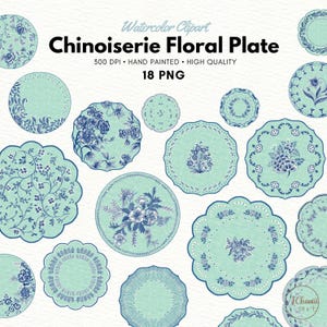 Chinoiserie Floral Plate Clipart, Watercolor Blue Chinoiserie Floral clipart, Chinoiserie Print, Blue flowers, commercial use, PNG