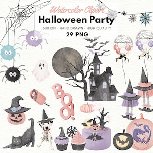 Halloween Party Clipart, Watercolor Pastel Halloween clipart, Spooky, Spider, Pumpkin, black cat, cute ghost, sweets, Kids Halloween PNG