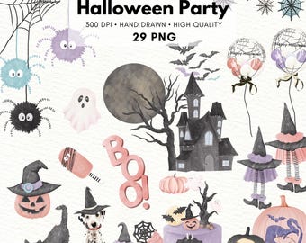Watercolor Halloween Clipart, Pastel Spooky Party PNG (Digital Download)