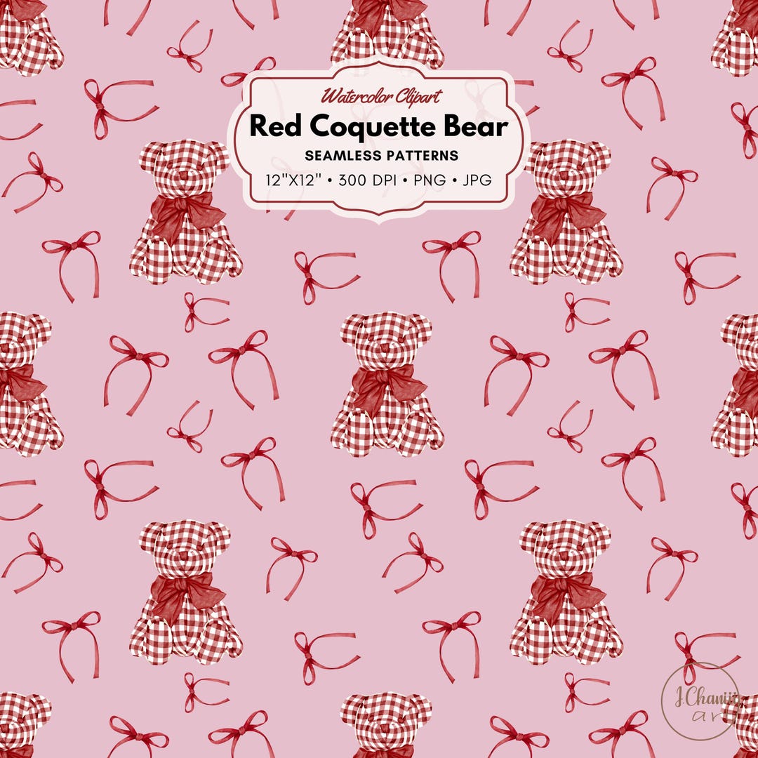 Red Coquette Bear Seamless, Watercolor Teddy Bear, Check Teddy Bear ...