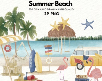 Watercolor Summer Beach Clipart: Tropical Vacation PNG (Instant Download)