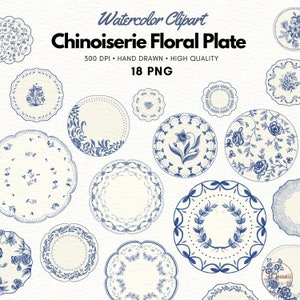 Chinoiserie Floral Plate Clipart, Watercolor Blue Chinoiserie Floral clipart, Chinoiserie Print, Blue flowers, commercial use, PNG