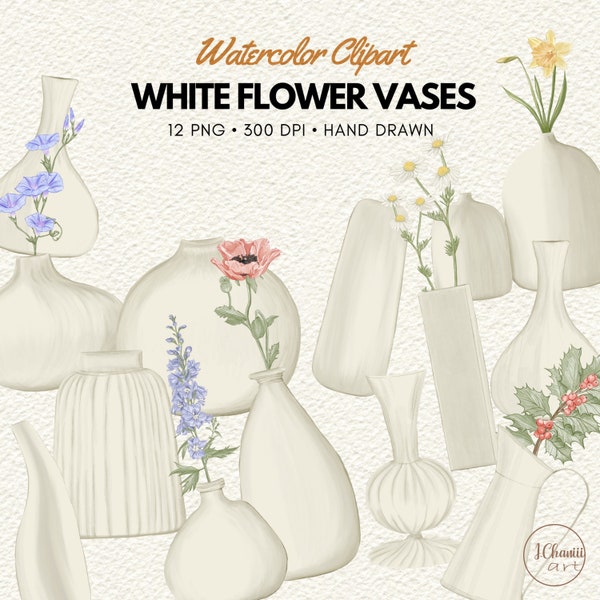 Watercolor White Flower Vases Clipart, Ceramic Pottery Bundle, Vase Graphics, Potted Plant Clipart, Vase Illustration, Vintage Vases, PNG