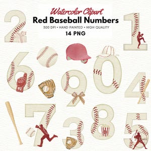 Könnte beinhalten: Aquarell-Clipart mit Baseball-Zahlen 0-9, mit Basebällen, einem Handschuh, einem Helm und einem Schläger. Die Zahlen sind cremefarben mit roten Nähten, und einige zeigen Baseballspieler. Der Text "Watercolor Clipart Red Baseball Numbers" steht oben.
