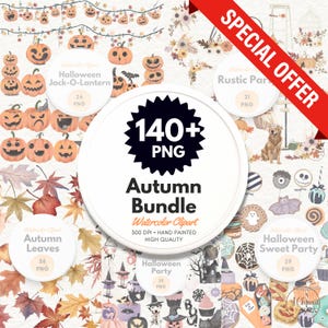 Watercolor Fall Clipart Bundle: Halloween, Autumn Leaves (140+ PNG) (Digital Download)