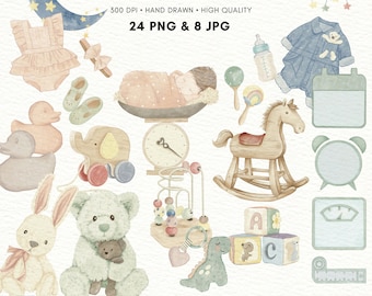 May include: A set of watercolor illustrations for baby monthly milestones. The illustrations include a baby sleeping, a rocking horse, a teddy bear, a duck, a scale, a clock, a rattle, a dinosaur, blocks, a ruler, a bunny, and a baby outfit. The illustrations are in a soft, pastel color palette.
