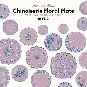 Chinoiserie Floral Plate Clipart, Watercolor Blue Chinoiserie Floral clipart, Chinoiserie Print, Blue flowers, commercial use, PNG