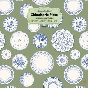 May include: A seamless pattern featuring blue and white chinoiserie plates with floral and vine designs. The plates are on a green background. Watercolor Clipart Chinoiserie Plate Seamless Patterns 12"x12" 300 DPI PNG JPG