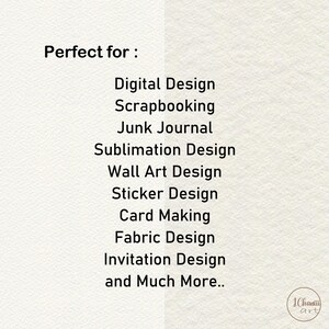 K&ouml;nnte beinhalten: Text auf wei&szlig;em Hintergrund, der "Perfekt f&uuml;r:" lautet, gefolgt von einer Liste von Designanwendungen: Digitales Design, Scrapbooking, Junk Journal, Sublimationsdesign, Wandkunstdesign, Stickerdesign, Kartenherstellung, Stoffdesign, Einladungsdesign und vieles mehr...