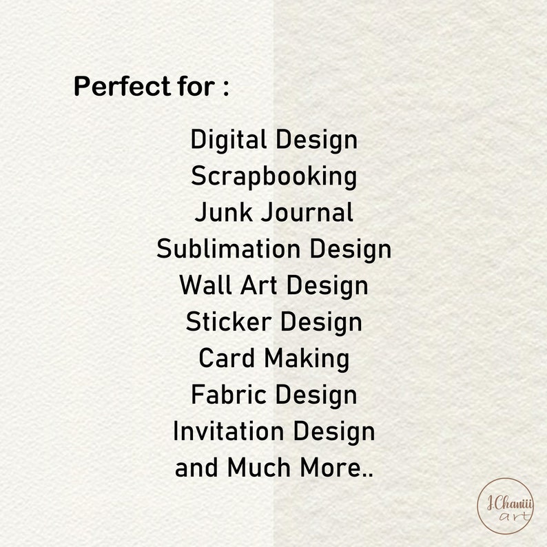 K&ouml;nnte beinhalten: Text auf wei&szlig;em Hintergrund, der "Perfekt f&uuml;r:" lautet, gefolgt von einer Liste von Designanwendungen: Digitales Design, Scrapbooking, Junk Journal, Sublimationsdesign, Wandkunstdesign, Stickerdesign, Kartenherstellung, Stoffdesign, Einladungsdesign und vieles mehr...