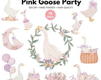 Watercolor Goose Clipart: Pink Party Geese, Wildflowers (PNG)