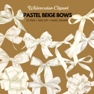 Puede incluir: Doce ilustraciones de acuarela de lazos beige en varios estilos, incluyendo un lazo de lunares, un lazo grande y un lazo simple. El texto "Pastel Beige Bows" está escrito en negro en la parte superior de la imagen.