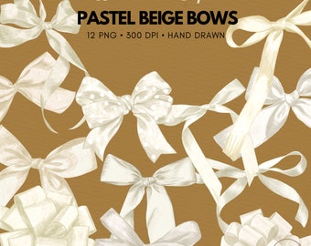 Watercolor Beige Bows Clipart: Hand-Painted Ribbon PNG (Digital Download)