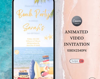 Geanimeerde video-uitnodiging Summer Beach Party: bewerkbare canva-sjabloon