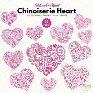 Chinoiserie Heart Clipart: Watercolor Floral PNG Files (Commercial Use)